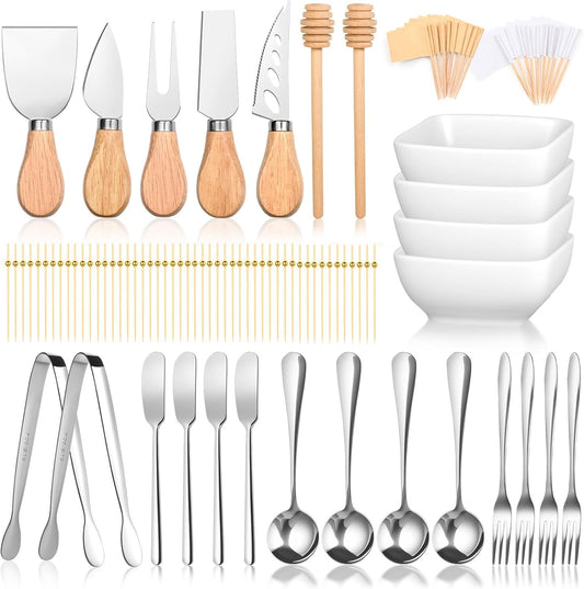 FrutPunch Charcuterie Boards Accessories, Charcuterie Accessories with Cheese Spreader Set, Charcuterie Utensils also Include Tongs, Spoons, Forks, Honey Sticks, Flags, A Total of 95 Pieces