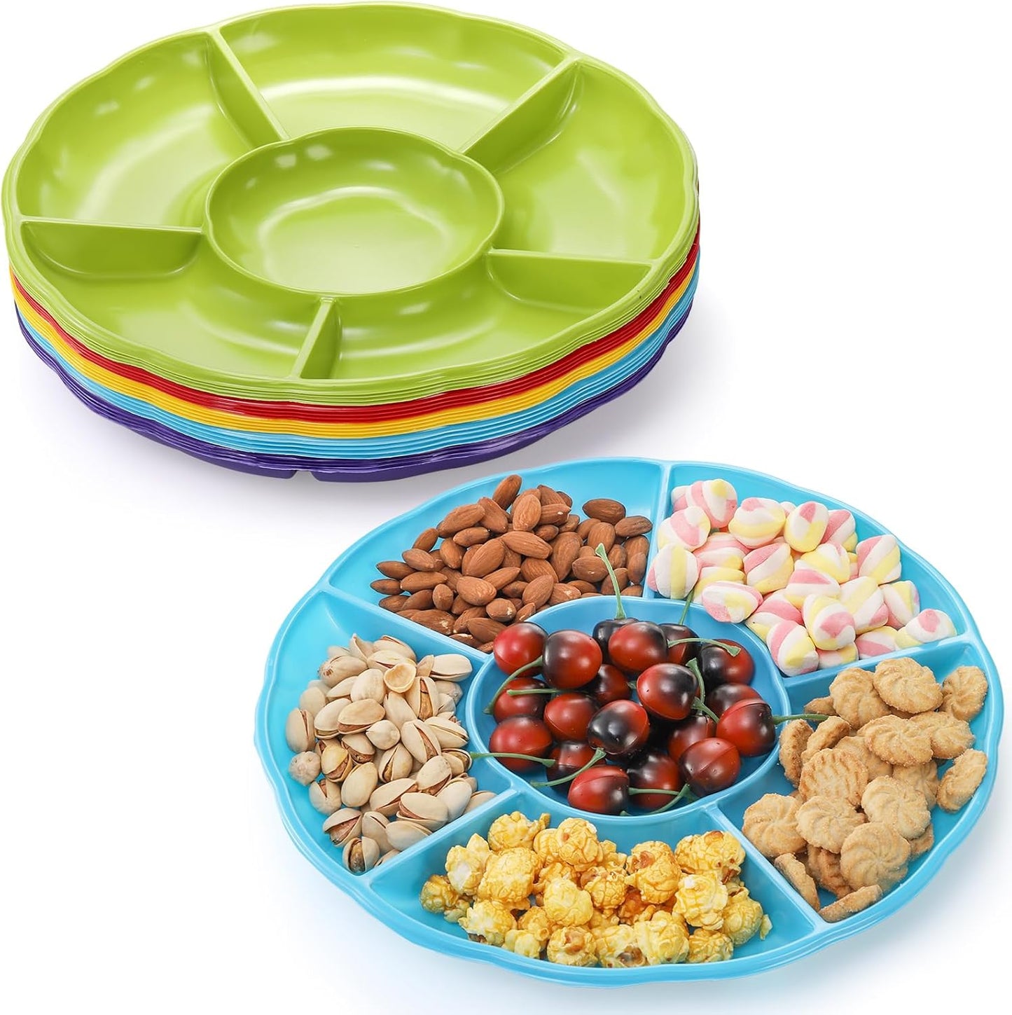 Frcctre 20 Pack Disposable Plastic Appetizer Serving Platter, 12 Inch 6 Sectional Divided Snack Nut Candy Veggie Fruit Dish Serving Platter Divided Food Tray