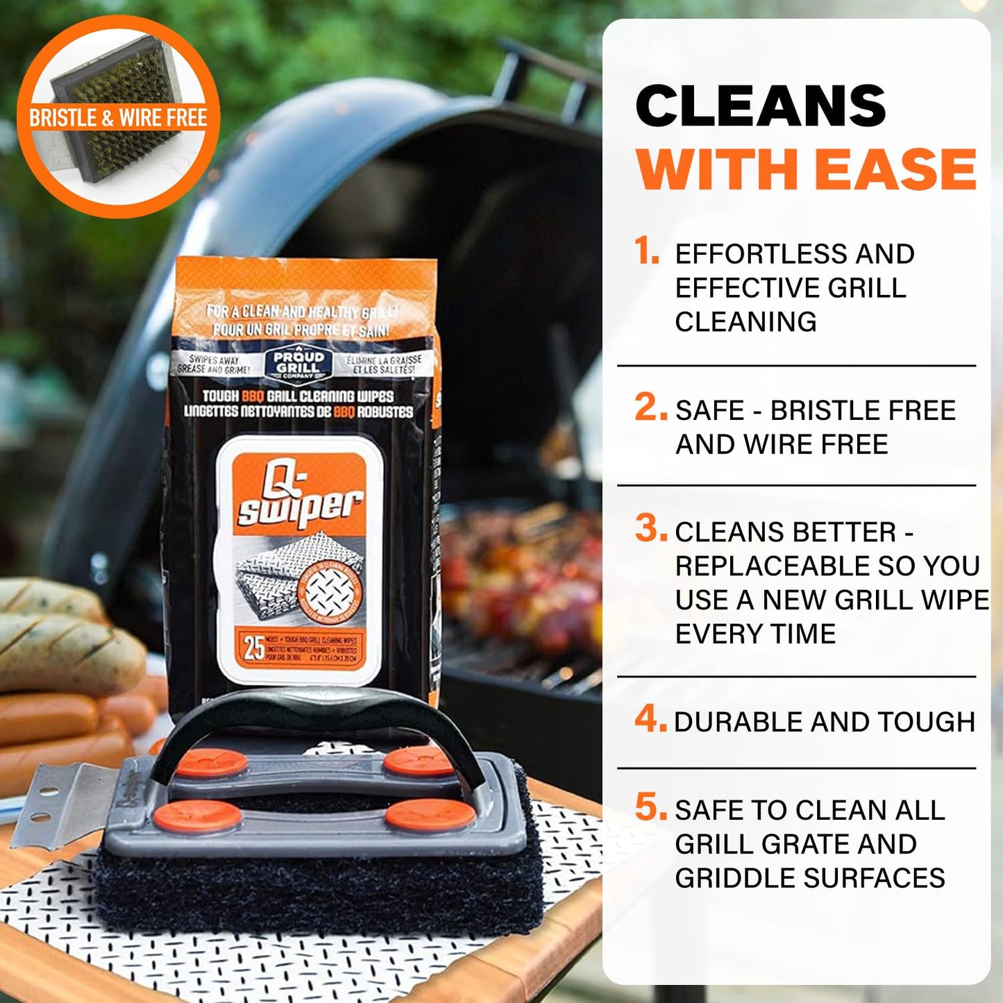 Proud Grill Q-Swiper BBQ Grill Cleaner Set - 1 Grill Brush with Scraper and 25 BBQ Grill Cleaning Wipes, Bristle-Free & Wire-Less, Safe Way to Remove Grease and Grime, Ideal Mens Birthday Gifts