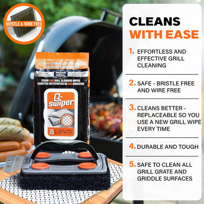 Proud Grill Q-Swiper BBQ Grill Cleaner Set - 1 Grill Brush with Scraper and 25 BBQ Grill Cleaning Wipes, Bristle-Free & Wire-Less, Safe Way to Remove Grease and Grime, Ideal Mens Birthday Gifts
