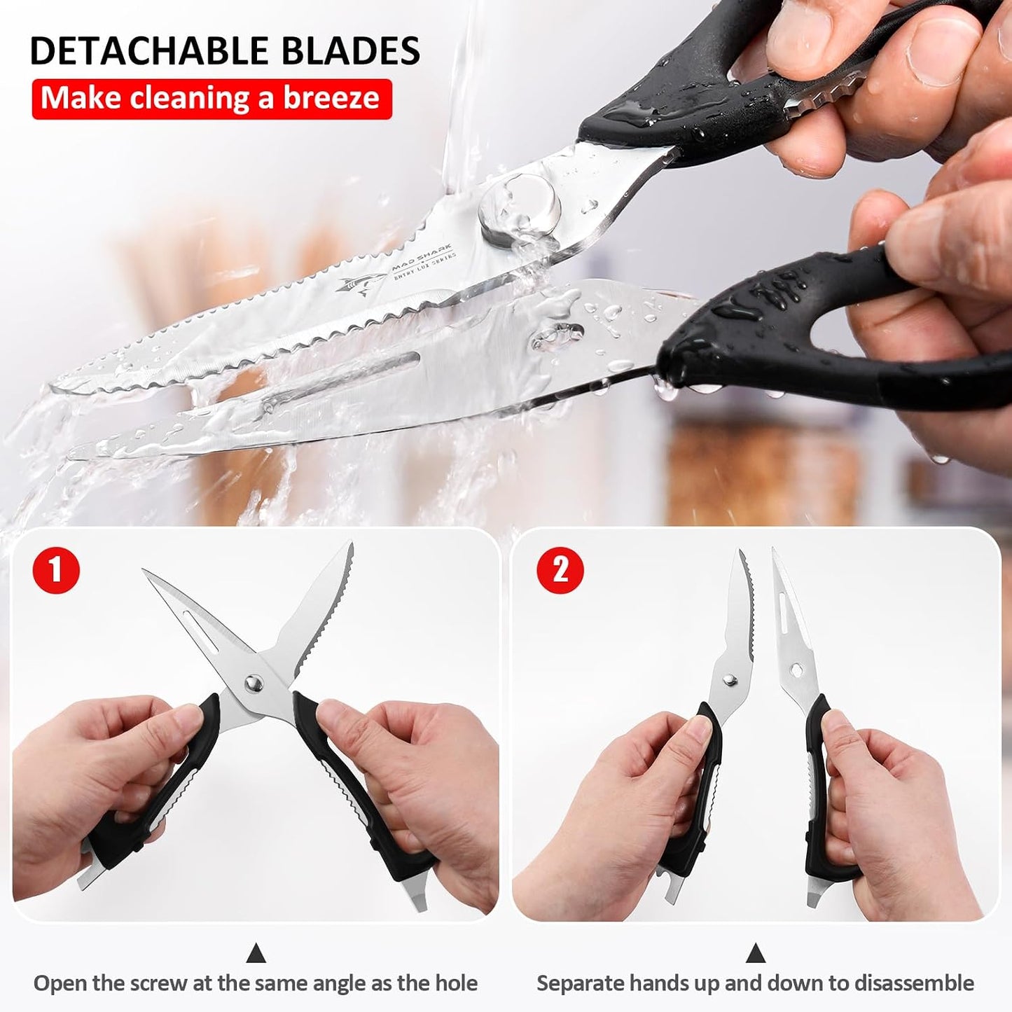 MAD SHARK Kitchen Scissors All Purpose Kitchen Shears Come Apart,Stainless Steel Utility Scissors with Comfort Grip,Heavy Duty Poultry Shears for Food,Chicken,Meat,Fish,Dishwash Safe(BLACK)