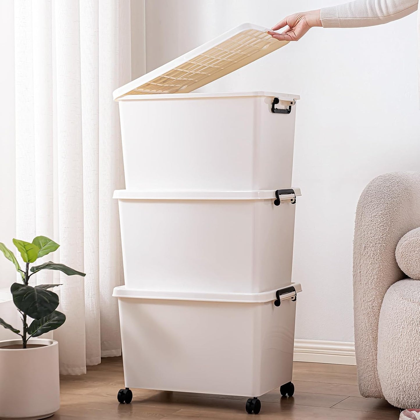 Large Stackable Plastic Storage Bins with Wheels, 3-Pack 60 Quart White Thickened Latching Lid Containers with Lockable 360° Casters for Home, Office, Bathroom, and Dorm Organization