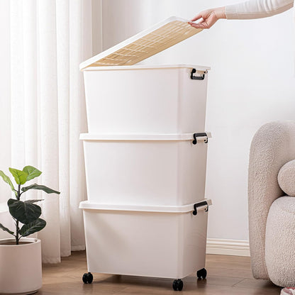 Large Stackable Plastic Storage Bins with Wheels, 3-Pack 60 Quart White Thickened Latching Lid Containers with Lockable 360° Casters for Home, Office, Bathroom, and Dorm Organization