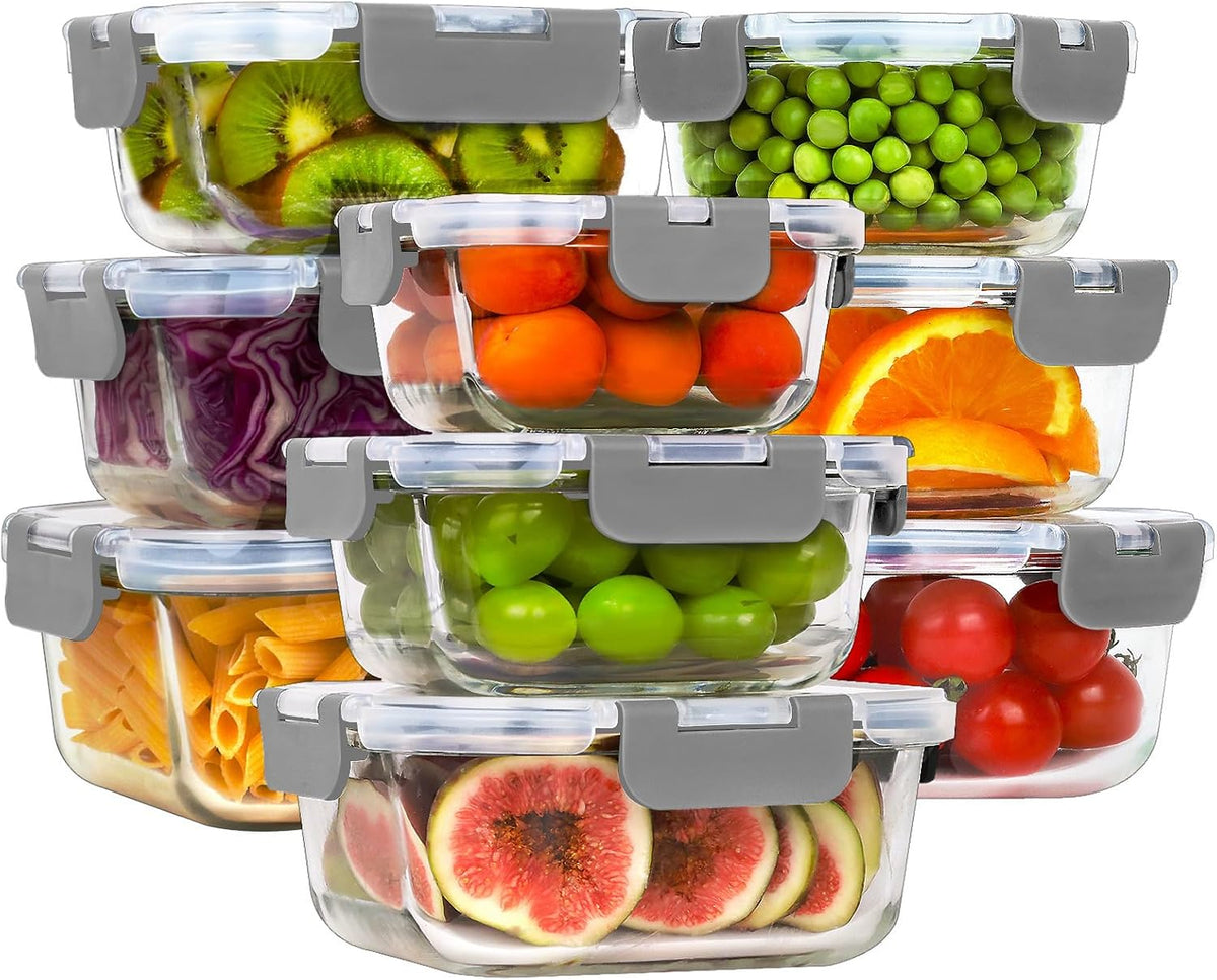 HOMBERKING 18 Piece Glass Food Storage Containers with Lids, Glass Meal Prep Containers, Airtight Lunch Bento Boxes, BPA-Free & Leak Proof, Oven, Freezer and Dishwasher Safe (9 lids & 9 Containers)