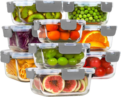 HOMBERKING 18 Piece Glass Food Storage Containers with Lids, Glass Meal Prep Containers, Airtight Lunch Bento Boxes, BPA-Free & Leak Proof, Oven, Freezer and Dishwasher Safe (9 lids & 9 Containers)