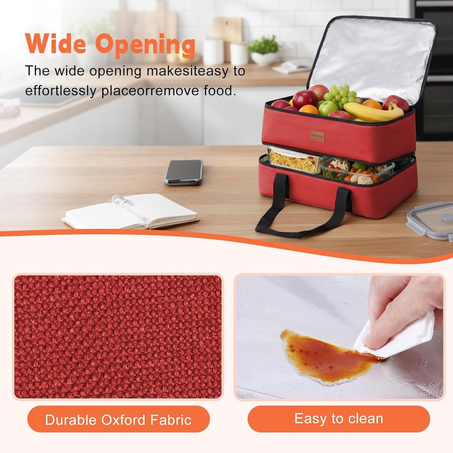 Insulated Casserole Carrier, Double Decker Food Carriers for Hot or Cold Food, Portable Leakproof Thermal Bag for Travel/Potluck Parties/Picnic/Cookouts (Red)