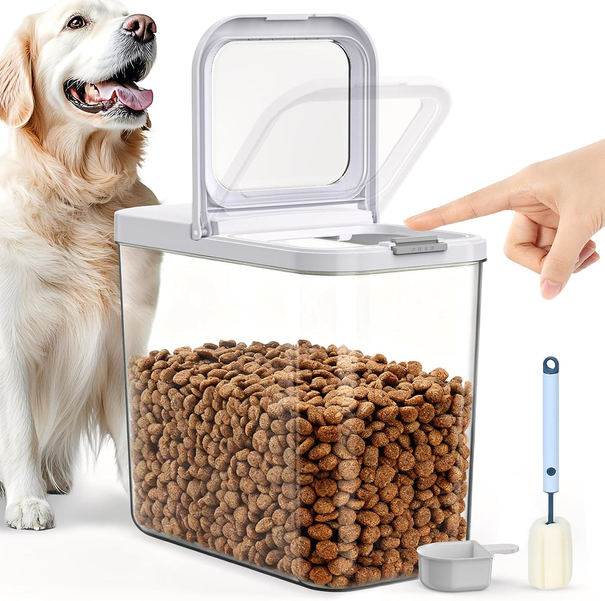 LEAWALK 10Lbs/10.57Qt Airtight Dog Cat Food Storage Container and Dog Treat Containers BPA-Free, PET Clear Stackable Pet Storage Bin, Pop Top, 1-Cup Scoop for Pet Food/Rice/Flour/Bread/Grains