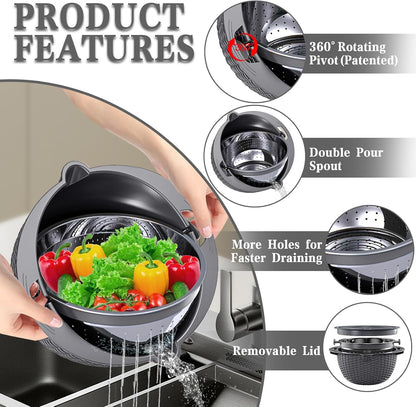 4-in-1 Colander with Bowl Set — Patented 360° Rotatable Strainer Bowl with 3 Graters, Snap-On Lid & Non-Slip Base, Funny Kitchen Present for Women, Aesthetic Pasta Fruit Vegetable Strainer (Beige)