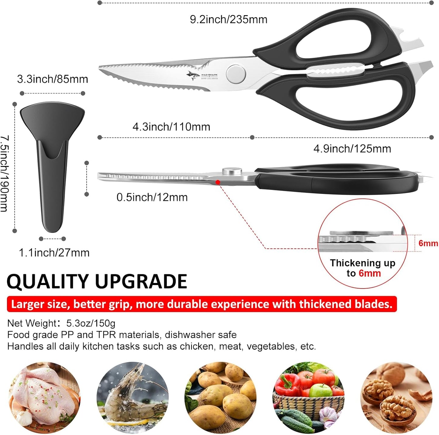 MAD SHARK Kitchen Scissors All Purpose Kitchen Shears Come Apart,Stainless Steel Utility Scissors with Comfort Grip,Heavy Duty Poultry Shears for Food,Chicken,Meat,Fish,Dishwash Safe(BLACK)