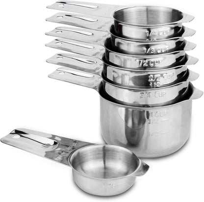 13-piece Measuring Cups and Spoons Set, 18/8 Stainless Steel Heavy Duty Ergonomic Handle with Ring Connector, Silver