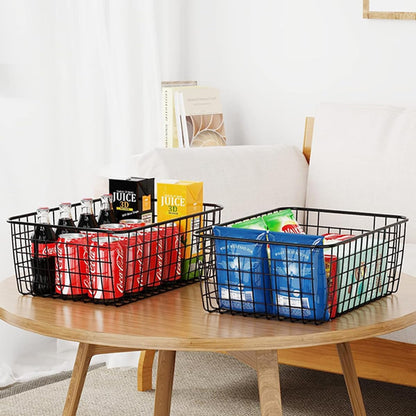 3 Pack Large Wire Baskets for Organizing 14.2'' Metal Wire Baskets with Built-in Handles, Wire Storage Basket Black Metal Freezer Organizer Wire Basket for Pantry, Cabinets, Bathroom