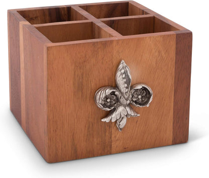 Vagabond House Caddy Rectangle Acacia Wood Flatware/Serve ware/Utensil/Carry-All Holder Solid Pewter Song Bird Accent and Real Leather Handles, 3 Small and 1 Larger Compartment 13.5 inch Long