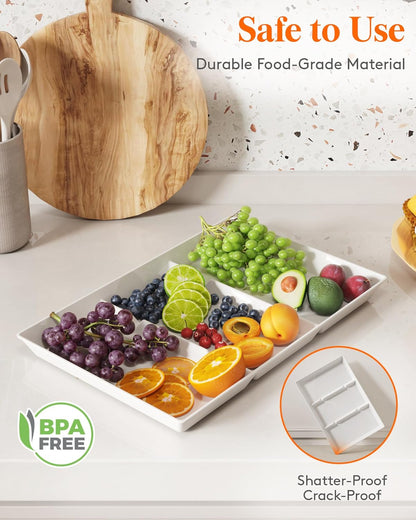 Lifewit Serving Tray Divided for Party Supplies, 4 PCS 15" x 10" Plastic Platters for Serving Food, White Reusable Tray for Veggie, Snack, Fruit, Cookies, Desserts in Kitchen/Pantry