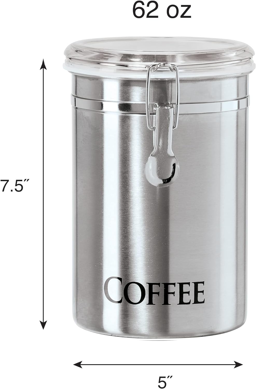 Oggi Stainless Steel Sugar Canister 62 fl oz - Airtight Clamp Lid, Clear See-Thru Top - Ideal Sugar Container for Countertop, Sugar Jar, Bulk Sugar Storage. Large Size 5" x 7.5".