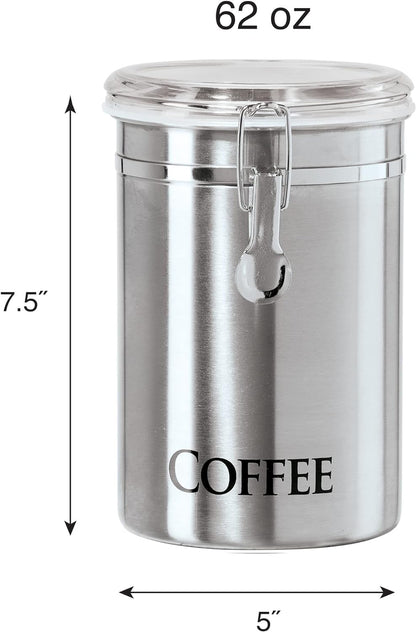 Oggi Stainless Steel Sugar Canister 62 fl oz - Airtight Clamp Lid, Clear See-Thru Top - Ideal Sugar Container for Countertop, Sugar Jar, Bulk Sugar Storage. Large Size 5" x 7.5".
