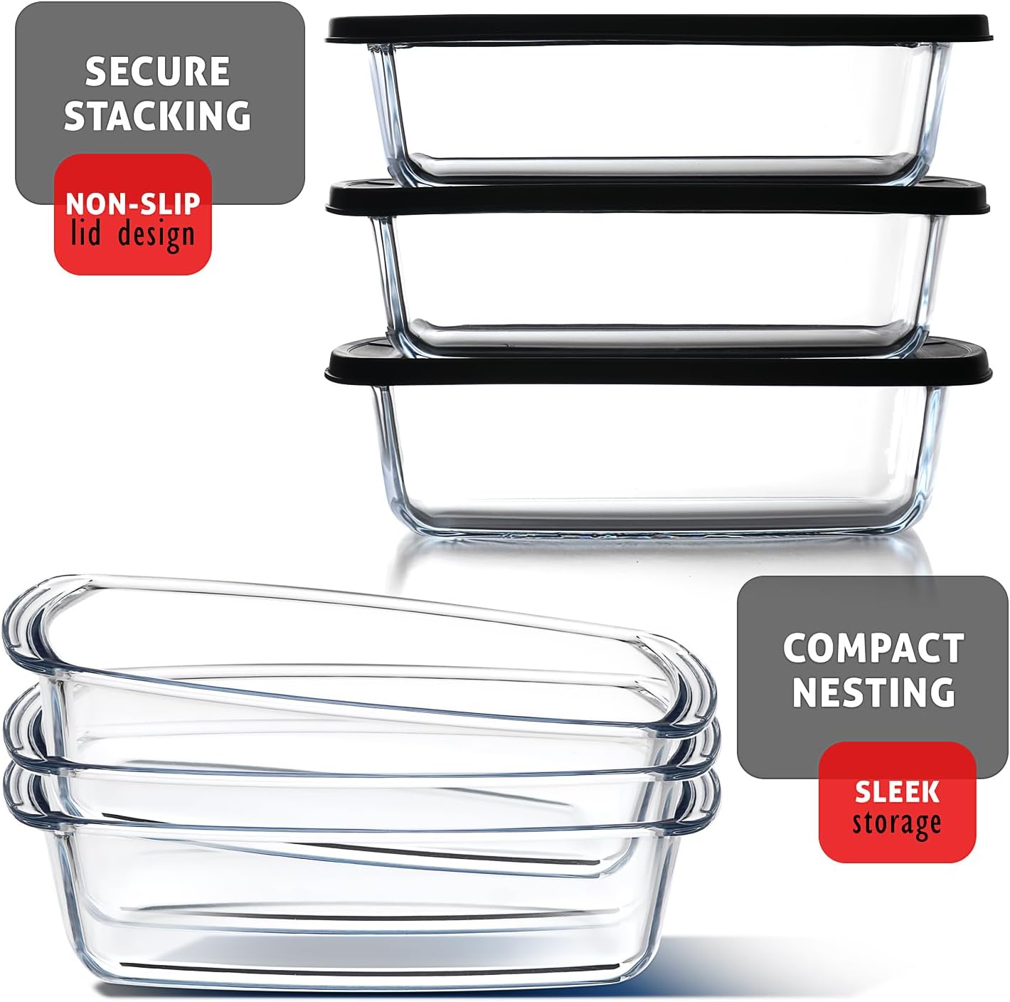 EATEX Glass Bread Pans for Homemade Bread Baking, 1.9 Quart Deep Rectangular Glass Food Storage Containers with Lids, 3 Bread Loaf Pans 3 Airtight Lids Black Microwave Oven & Freezer Safe