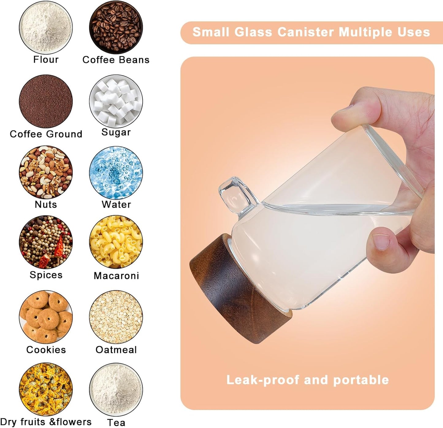6 pc Glass Spice jars Glass Jars with Screw Lid 5 oz Acacia Wood Glass Herb Sugar Coffee Bean Ground Container Food Storage Canister for Candy Pantry Tea Seasoning Meal Prep Snack (6*150ml(5oz))