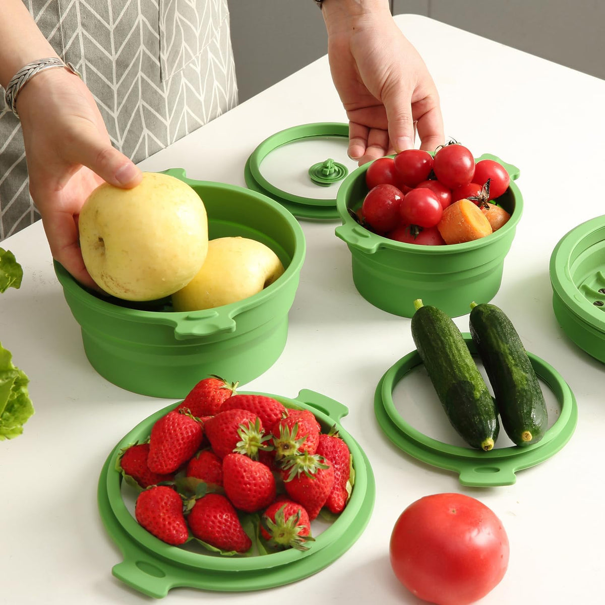 2 Set 27oz and 47oz Collapsible Silicone Microwave Vegetable Steamer Cooker
