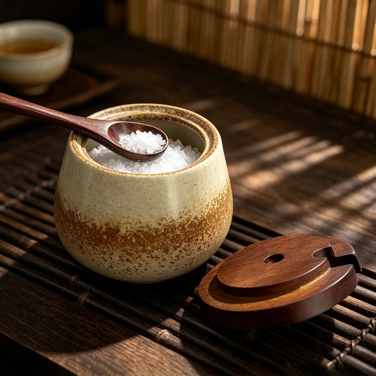 Ceramic Salt Cellar Bamboo Lid Spoon 3.5" Wide 12oz