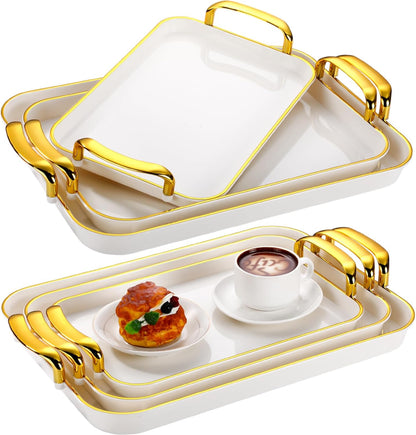 Rtteri Set of 6 Serving Platters with Handles 18.3/16.73/14.8 Inch Large Rectangular Trays, Reusable Pet Plastic for Entertaining, Dinner Parties, Weddings(Round Beads Handles,White)
