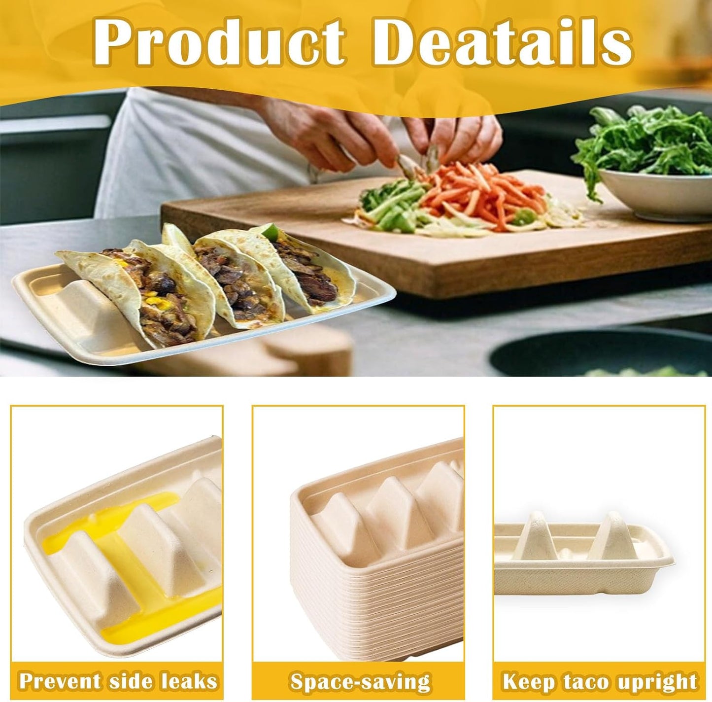 Nexboraque 50 Pack Disposable Taco Holder, 3 Compartments Biodegradable Taco Plates Taco Stands Bar Serving Set for a Party, Taco Tuesday, Microwave Safe
