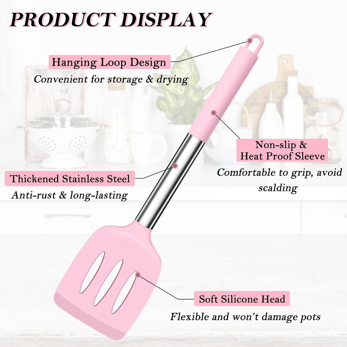 TeamFar Kitchen Utensils, 4 PCS Silicone Cooking Utensils Spatula Spoon Set with Stainless Steel Handle, for Frying Mixing Draining Turning, Healthy & Heat-proof, Non-stick & Dishwasher Safe - Black
