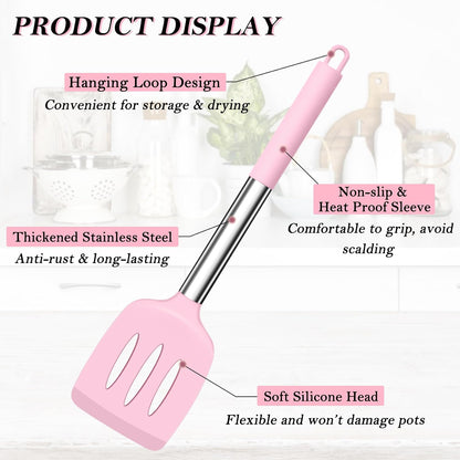 TeamFar Kitchen Utensils, 4 PCS Silicone Cooking Utensils Spatula Spoon Set with Stainless Steel Handle, for Frying Mixing Draining Turning, Healthy & Heat-proof, Non-stick & Dishwasher Safe - Black