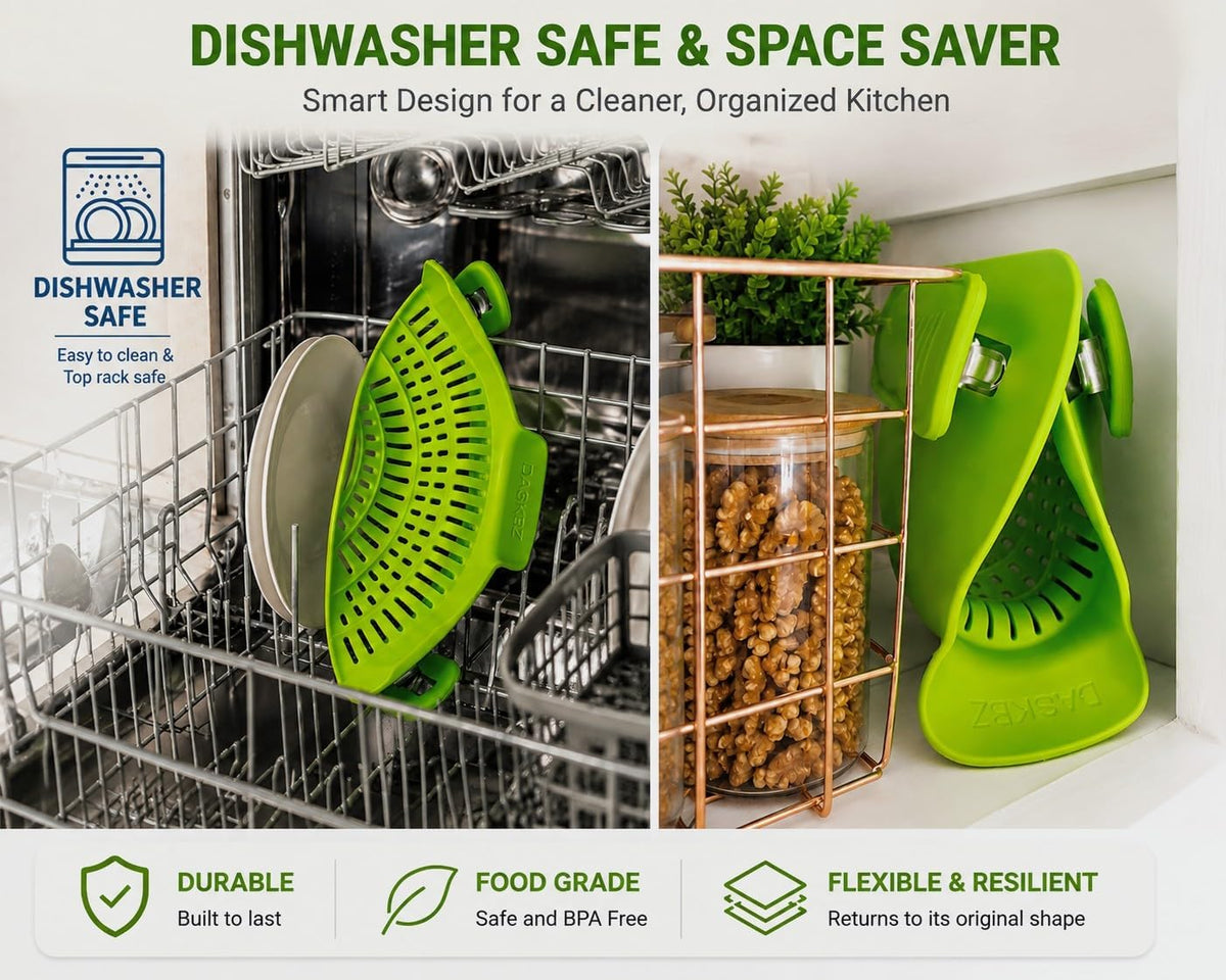 Clip On Pot Strainer for Pots, Pans & Bowls, Silicone Heat Resistant Food Grade Pot Colander, Pasta & Cooking Drainer, Hands-Free Kitchen Strainer with Universal Clip, Dishwasher Safe, Green