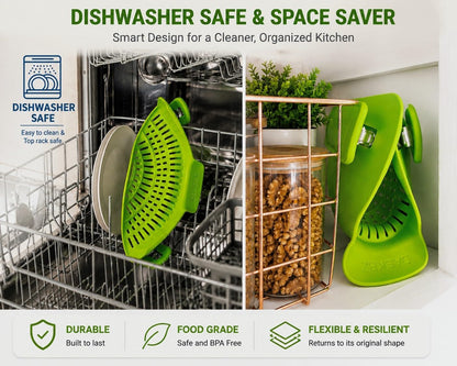 Clip On Pot Strainer for Pots, Pans & Bowls, Silicone Heat Resistant Food Grade Pot Colander, Pasta & Cooking Drainer, Hands-Free Kitchen Strainer with Universal Clip, Dishwasher Safe, Green