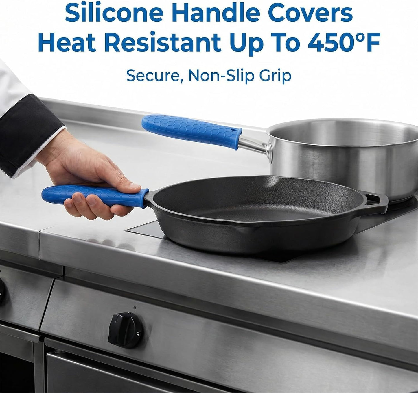 2-Pack Premium Silicone Handle Covers for Cast Iron Skillets, Maximum Heat Protection Non-Slip Pot Holder Sleeves with Anti-Slip Design for Frying Pans, Cookware (Blue)