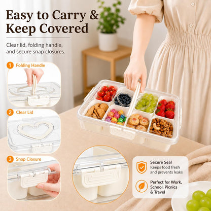 2 Pack Snackle Box Container with 8 Removable Compartments, Portable Snack Tray with Lid and Handle for Travel, Camping, Picnic, Party, Game Day & Movie Night
