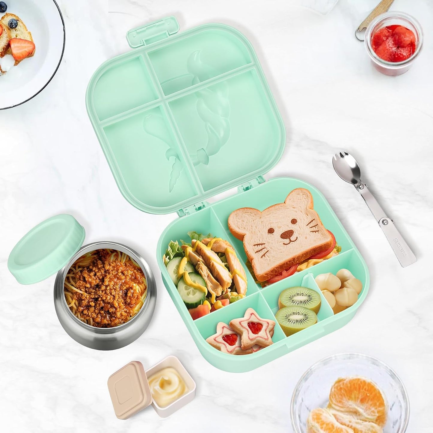 Aimsnk Magical Dinosaur Kids Lunch Box Set -12oz Insulated Food Jar, Leakproof Lunch Food Containers Cutlery, Leak-Proof Sauce Cup & Spoon, Gradient Green+Jar Green