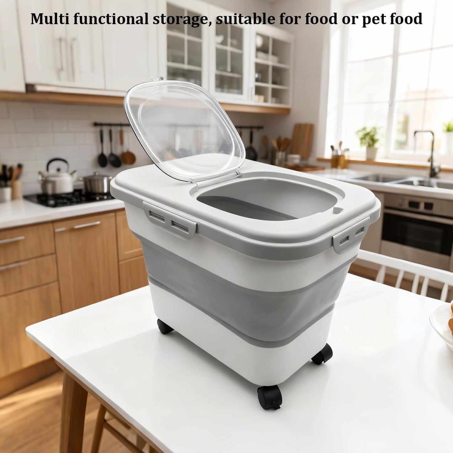 20-30 Lbs Rice and Pet Food Storage Container - Collapsible Airtight Food Storage with Rolling Wheel & Locking Lid, Flour Container with Cup & Scoop for Rice, Flour, Pet Food (Grey)