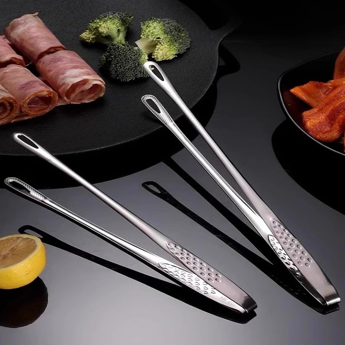 Stainless Steel Food Tongs, Anti Slip Cooking Clip. (2-PC Set) | Perforated Breathable Design, Long Heat-Resistant Handle, Suitable for Grilling, Frying, and Food Recycling