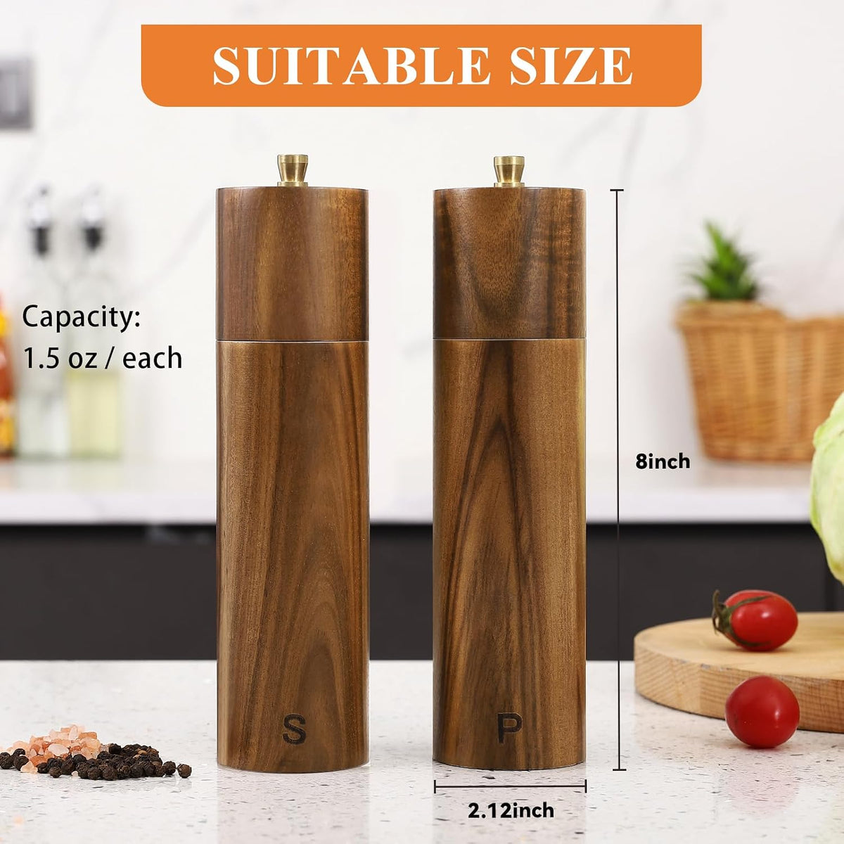 8 Inch Manual Wooden Salt and Pepper Grinder, Refillable Mill