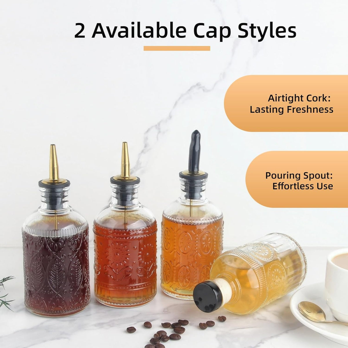 Simple Syrup Bottles Set of 4, Glass Coffee Syrup Dispenser Bottles 7 OZ With Metal Pour Spout, Labels and Stopper, Glass Syrup Dispenser for Maple Honey Syrup Oil and Sauces, LC004 (4 Pack)