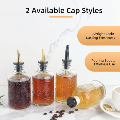 Simple Syrup Bottles Set of 4, Glass Coffee Syrup Dispenser Bottles 7 OZ With Metal Pour Spout, Labels and Stopper, Glass Syrup Dispenser for Maple Honey Syrup Oil and Sauces, LC004 (4 Pack)