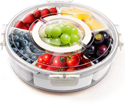 6 Compartment Snack Box Container with Lid and Handle, Divided Serving Tray with 360° Rotating Base, Snack Containers for Adults, Veggie Fruit Tray for Kitchen, Parties, Travel (cream color)
