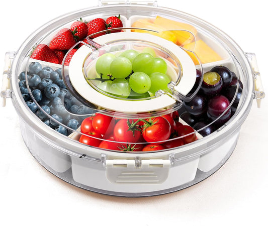 6 Compartment Snack Box Container with Lid and Handle, Divided Serving Tray with 360° Rotating Base, Snack Containers for Adults, Veggie Fruit Tray for Kitchen, Parties, Travel (cream color)