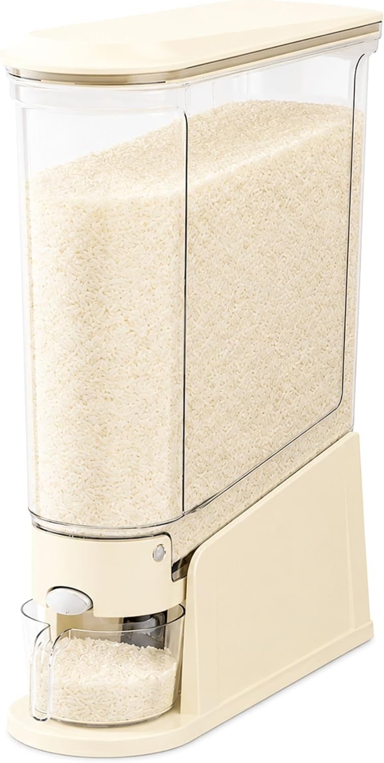ROOM127 Rice Dispenser 22 Lbs, Large Airtight Grain Container, Cream White | Family Size Storage, BPA-Free, Moisture-Proof Seal, One-Touch Pouring, Clear Window, for Cereal, Beans, Oats & Dry Food