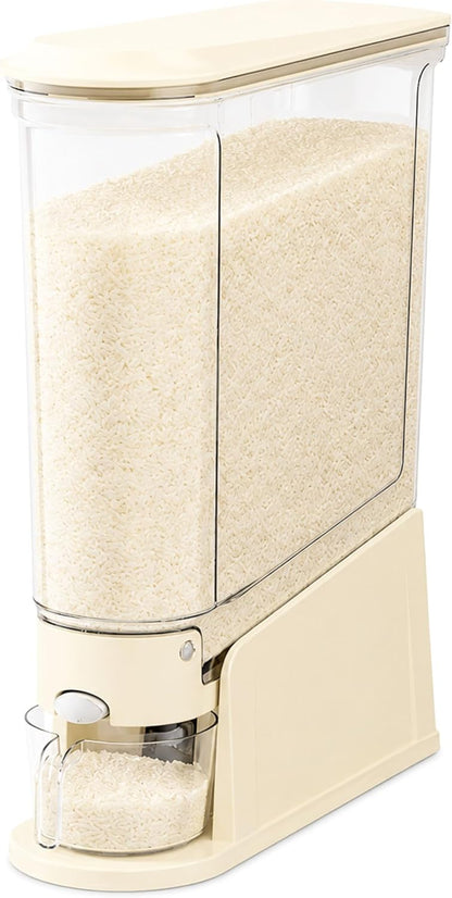 ROOM127 Rice Dispenser 22 Lbs, Large Airtight Grain Container, Cream White | Family Size Storage, BPA-Free, Moisture-Proof Seal, One-Touch Pouring, Clear Window, for Cereal, Beans, Oats & Dry Food
