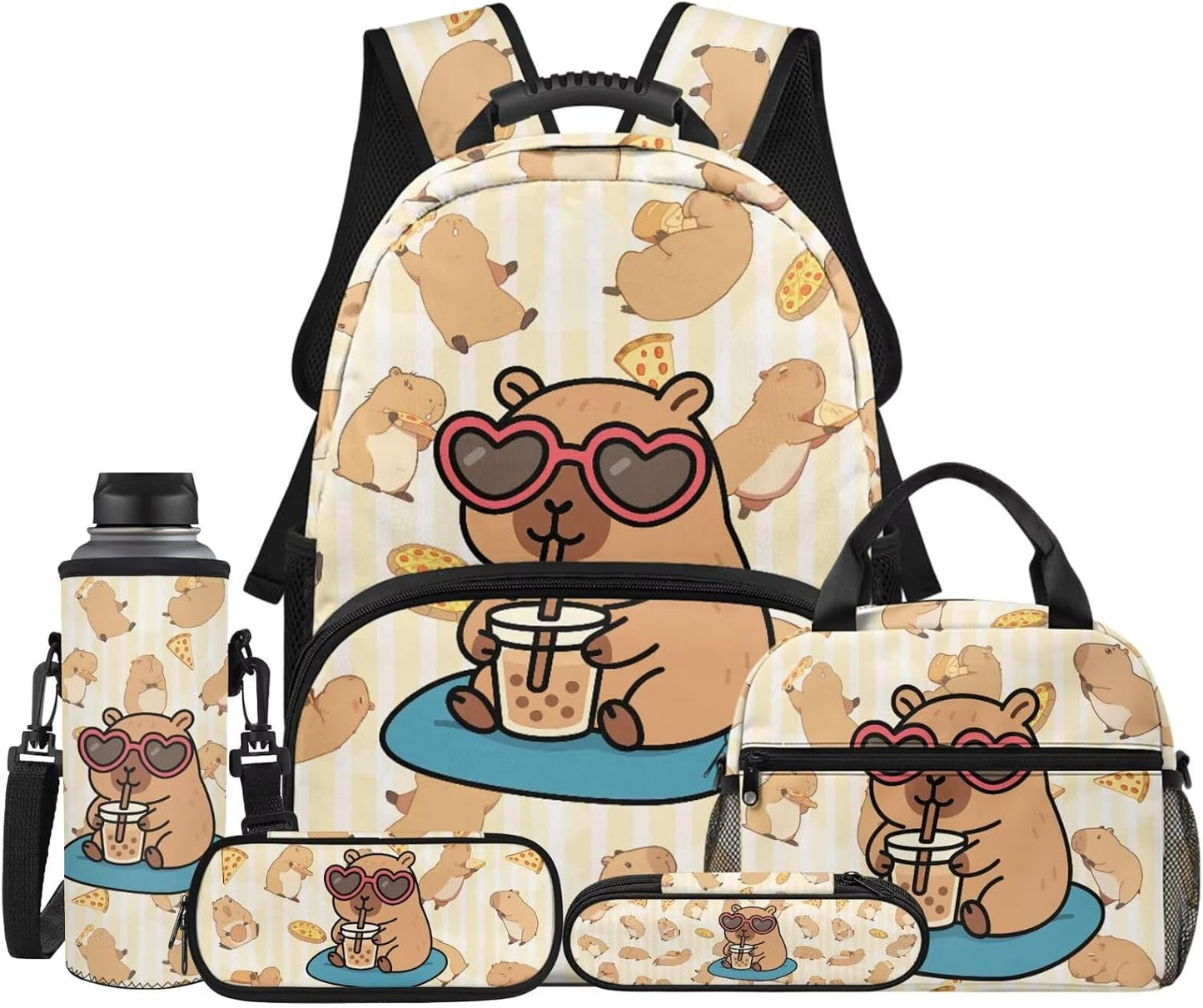Cute Capybara Pizza Backpack for Girls, 5 Pcs Boys School Bag Set for Kids, 17 Inch Backpacks Lunch Pencil Box Reusable Utensils Case Set for Middle Elementary School, 3rd Grade Backpack