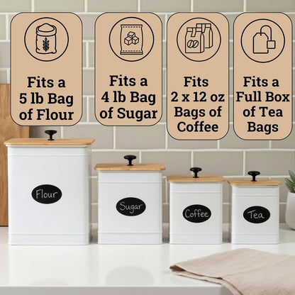 Kitchen Canisters for Countertop Set of 4 w/ Chalkboard Labels & Marker Pen | Airtight Easy Open Bamboo Lids, Dent-Resistant Thick Metal, Customizable Chalkboard Labels, Marker Pen Included, Set of 4