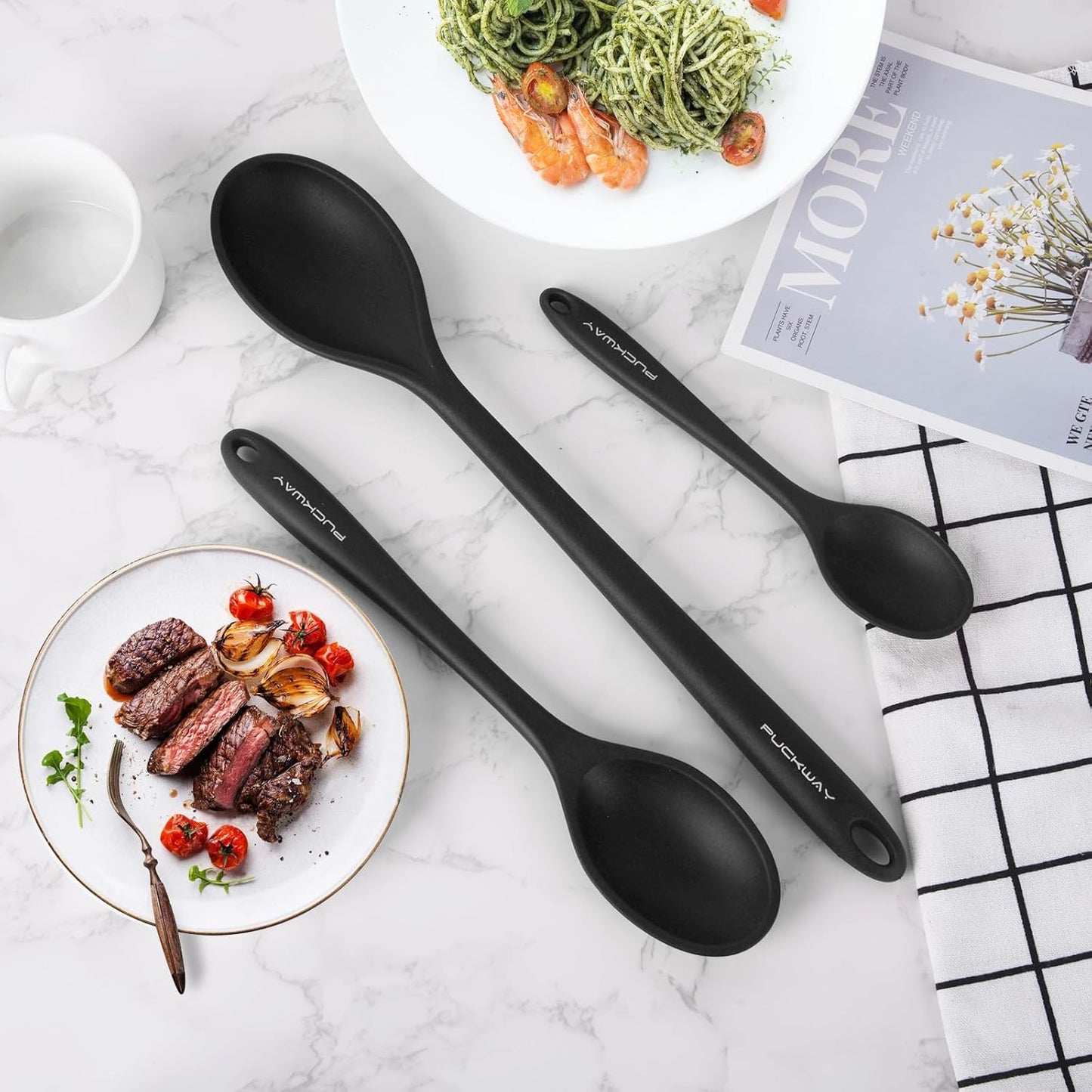 3 Pcs Silicone Spoons Set of 7.9 10.6 14.2 inch for Cooking, Heat Resistant Kitchen Spoons for Mixing, Stirring, and Serving, Small to Large Non Stick (Green)