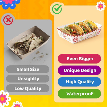 Mexican Taco Nights Food Trays - 60Pcs Mexican Flowers Wavy Edge Unassembled Tray Nacho Snack Candy Holder Disposable Paper Plate Holiday Birthday Carnival Party Supplies Food Container