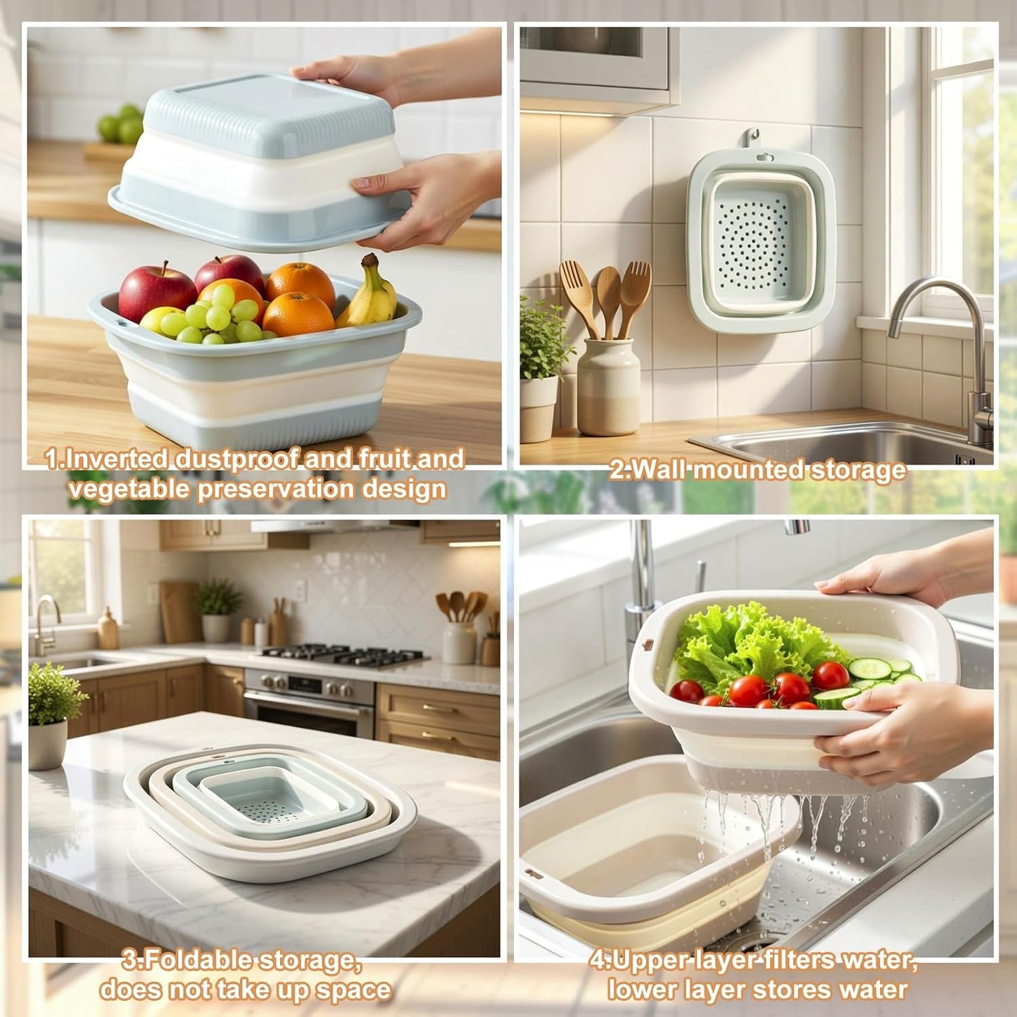 3 Set Collapsible Colander and Sink Basin 2-4-8 Qt Dish Pan and Strainer Set with Drain Holes 2-in-1 Foldable Fruit Vegetable Washing Basket for Kitchen Camping Travel (Green, Pink, Gray)