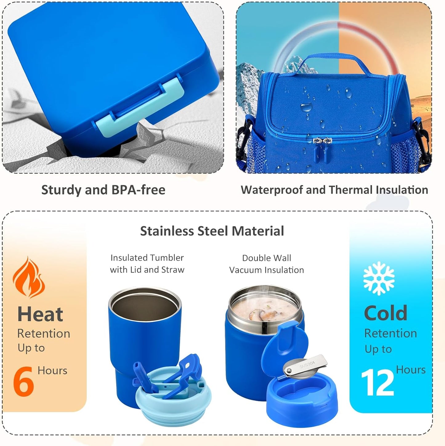 Pawtong Lunch Box Set with Bento Box Container, 17OZ Stainless Steel Food Soup Thermo, Kids Water Bottle & Portable Insulated Lunch Bag, Leakproof, Hot/Cold Retention for School, Travel (Purple-Horse)