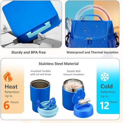 Pawtong Lunch Box Set with Bento Box Container, 17OZ Stainless Steel Food Soup Thermo, Kids Water Bottle & Portable Insulated Lunch Bag, Leakproof, Hot/Cold Retention for School, Travel (Purple-Horse)