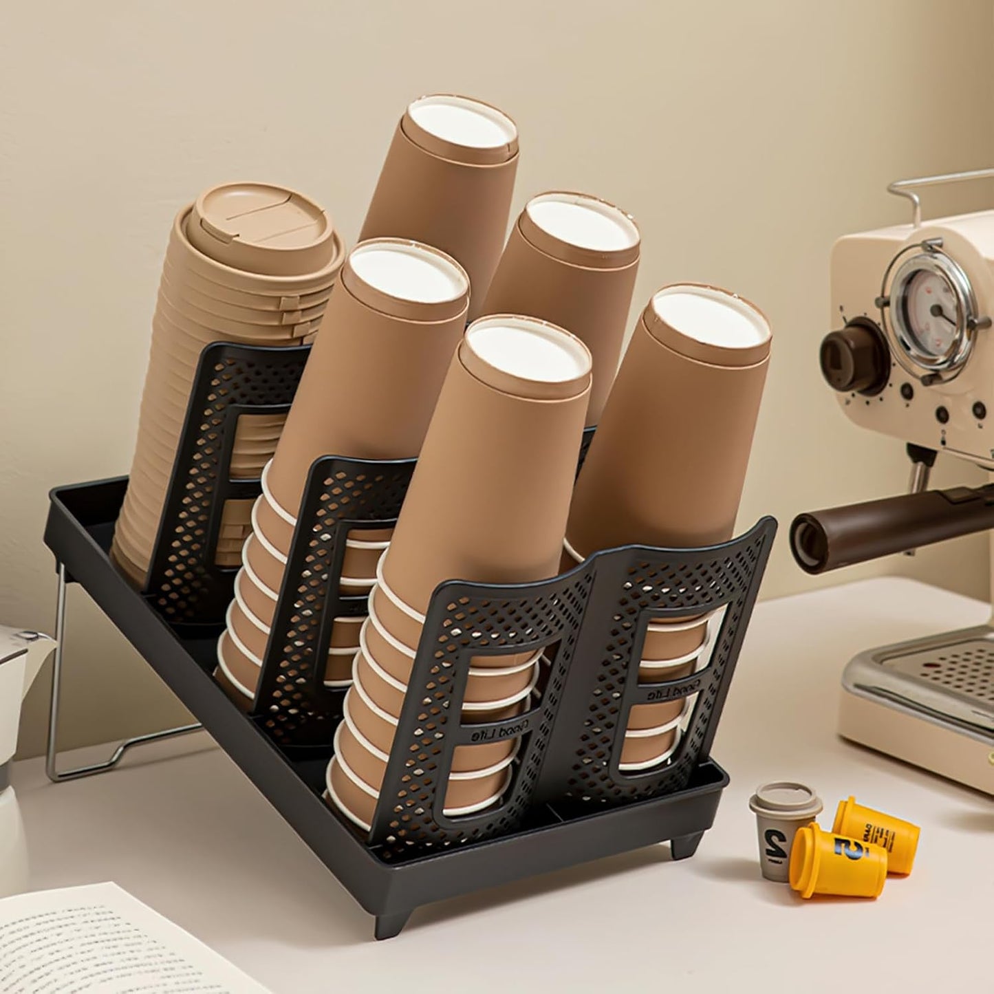 Adjustable Cup and Lid Holder,Disposable Coffee Cup Dispenser Storage Organizer,6-Slot Paper Cups Dispenser for Coffee Station Countertop Office Bar Kitchen,Black