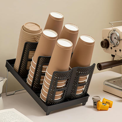 Adjustable Cup and Lid Holder,Disposable Coffee Cup Dispenser Storage Organizer,6-Slot Paper Cups Dispenser for Coffee Station Countertop Office Bar Kitchen,Black